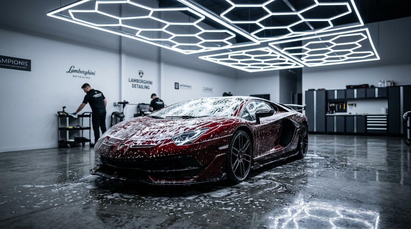 Extreme close up of a polished black luxury car hood reflecting studio lights