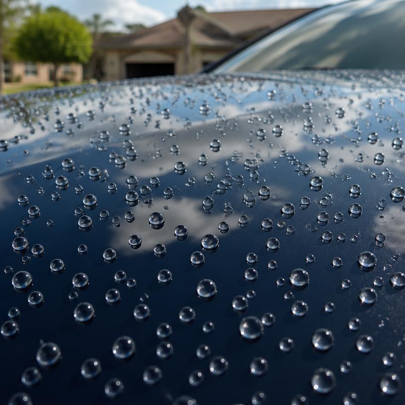 Water droplets beading perfectly on a highly reflective ceramic coated car hood