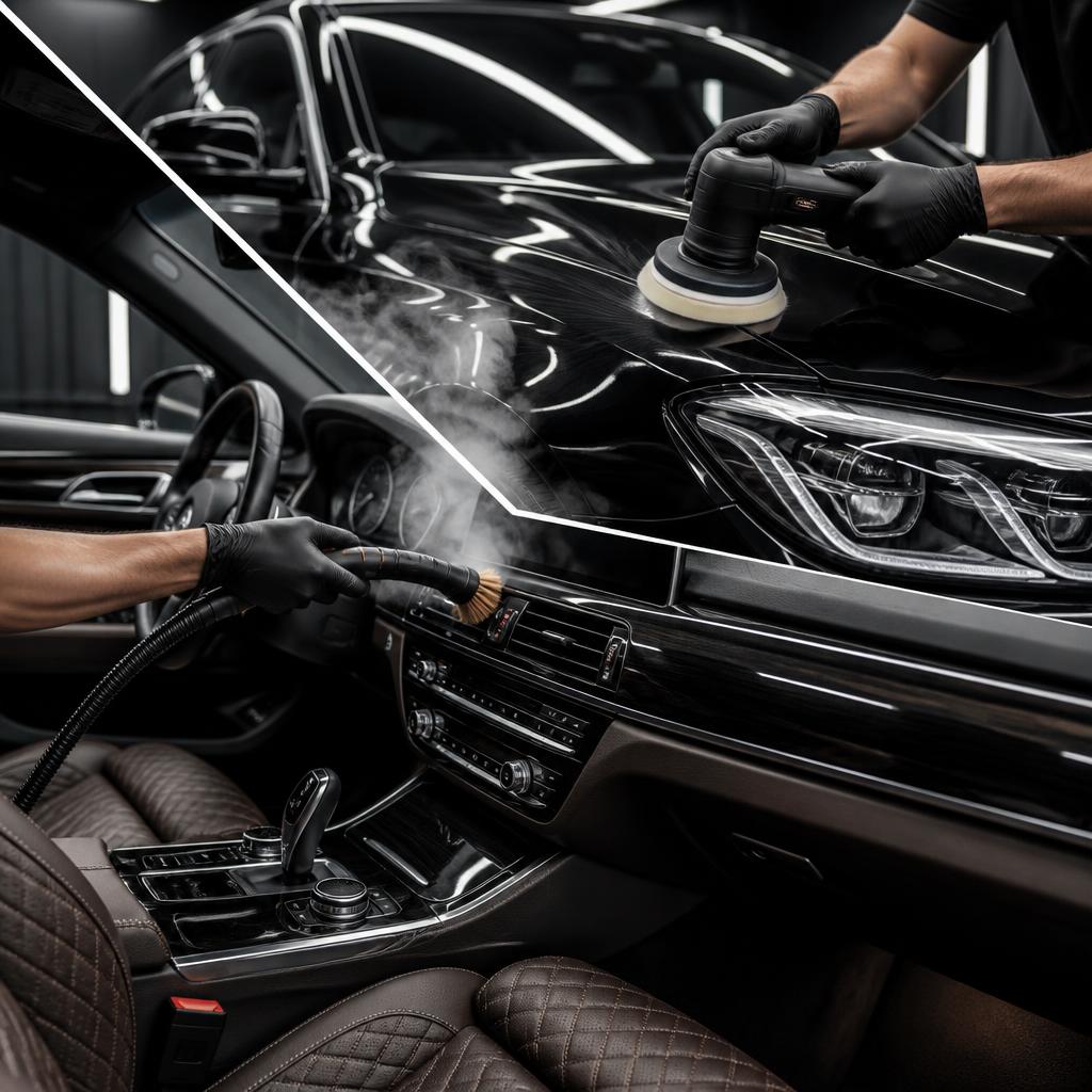 Split view of exterior machine polish and interior steam cleaning on a luxury car