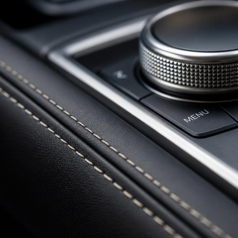 Clean leather stitching and a metallic control dial in a modern car interior