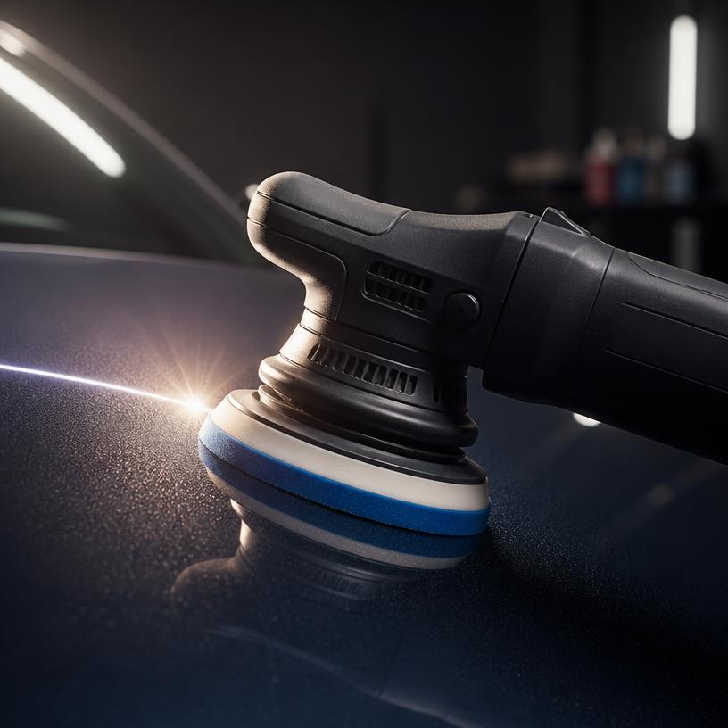 Dual action polisher touching a metallic paint surface with light flare