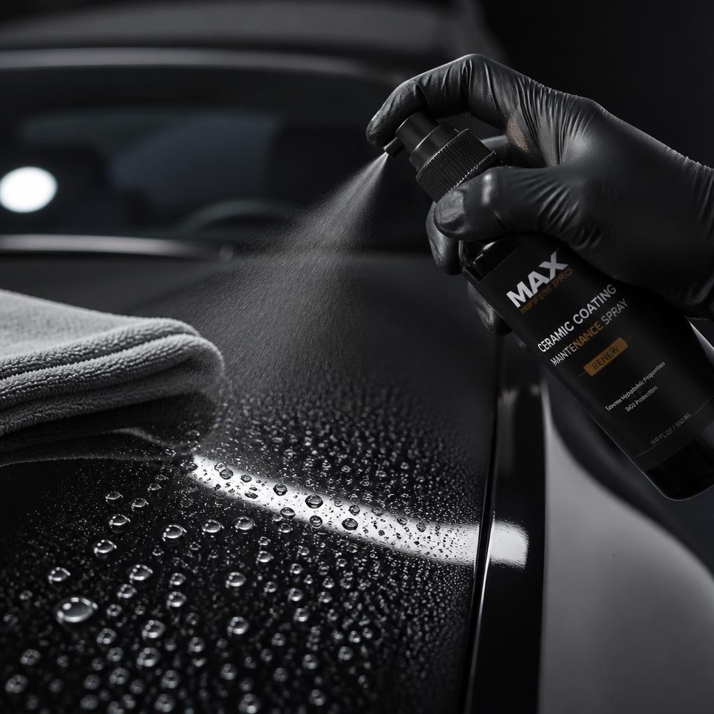 Gloved hand spraying ceramic maintenance product on a glossy black hood with water beads