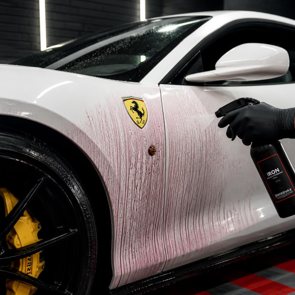 Thick white car soap suds sliding down a carbon fiber panel